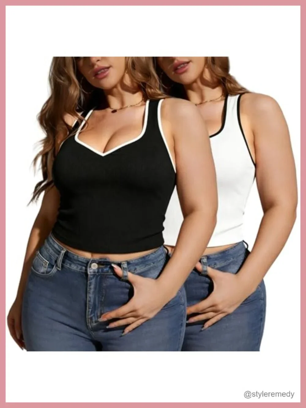 Plus Size Ribbed Crop Tank Top Sweetheart Neckline Contrast Trim